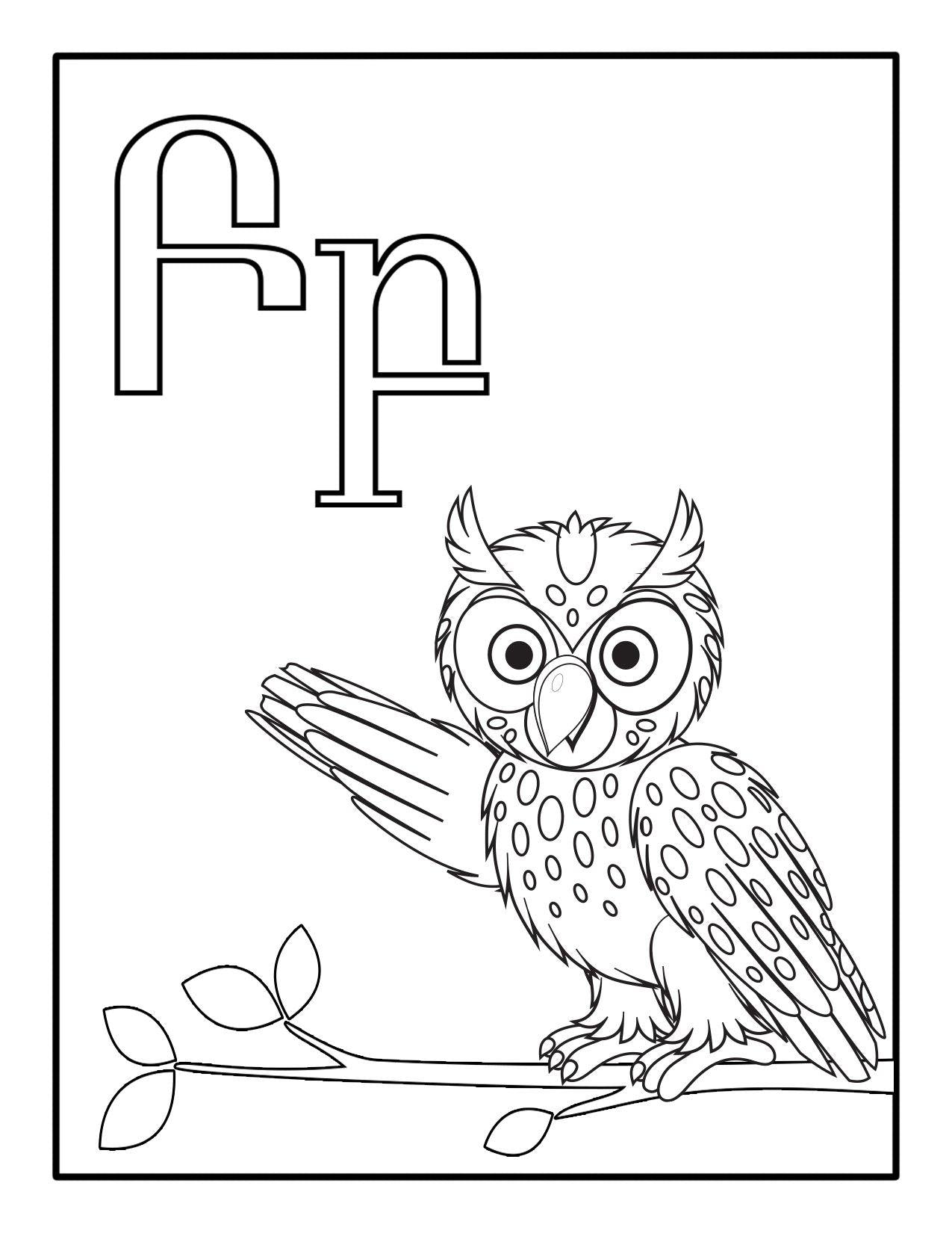 Armenian alphabet letter B shown on a white background with an owl below the letter for kids to color.